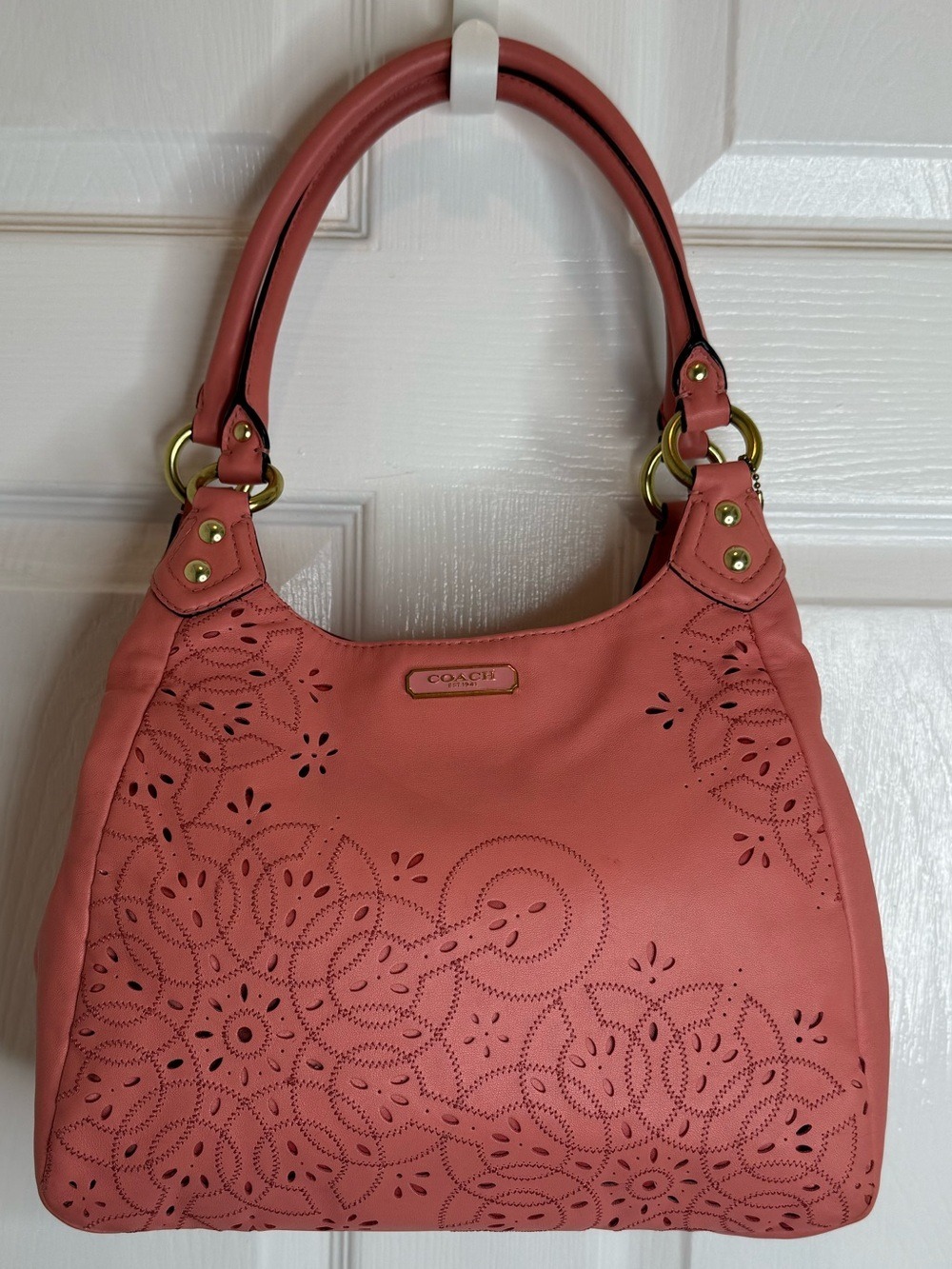 COACH ASHLIE PINK LEATHER LASER CUT EYELET HOBO BAG